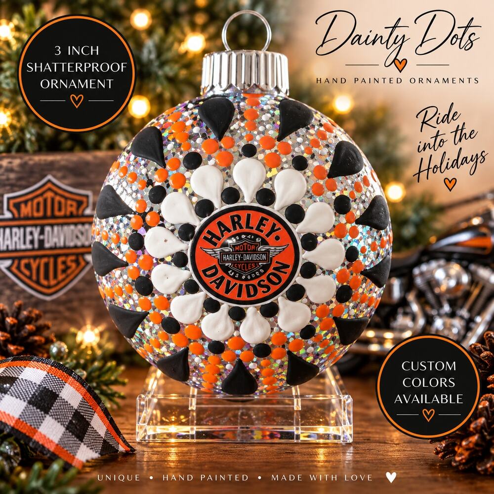 Hand Painted Harley Davidson 3" Shatterproof Christmas Ornament Orange Black